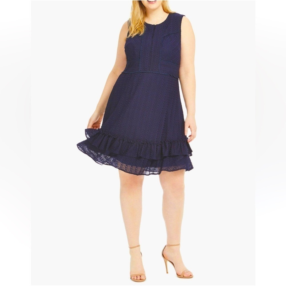 Adelyn Rae‎ Knit Eyelet Ruffle Shift Sleeveless Tank Top Mini Dress Navy 3X XXXL